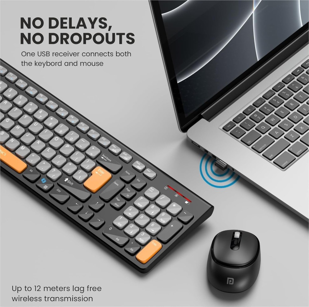 Portronics Key7 Combo Wireless Keyboard & Mouse with Copilot AI, 2.4GHz USB Receiver, 12 Shortcut Keys, 1600 DPI - (Grey & Orange)