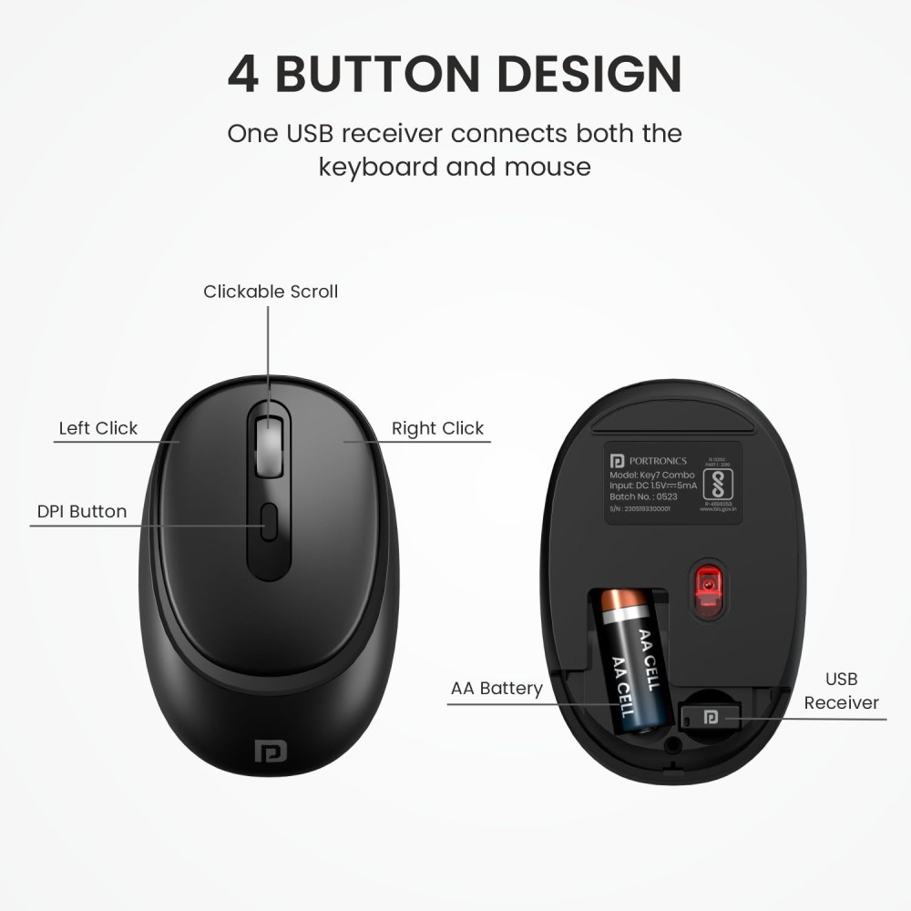 Portronics Key7 Combo Wireless Keyboard & Mouse with Copilot AI, 2.4GHz USB Receiver, 12 Shortcut Keys, 1600 DPI - (Grey & Orange)