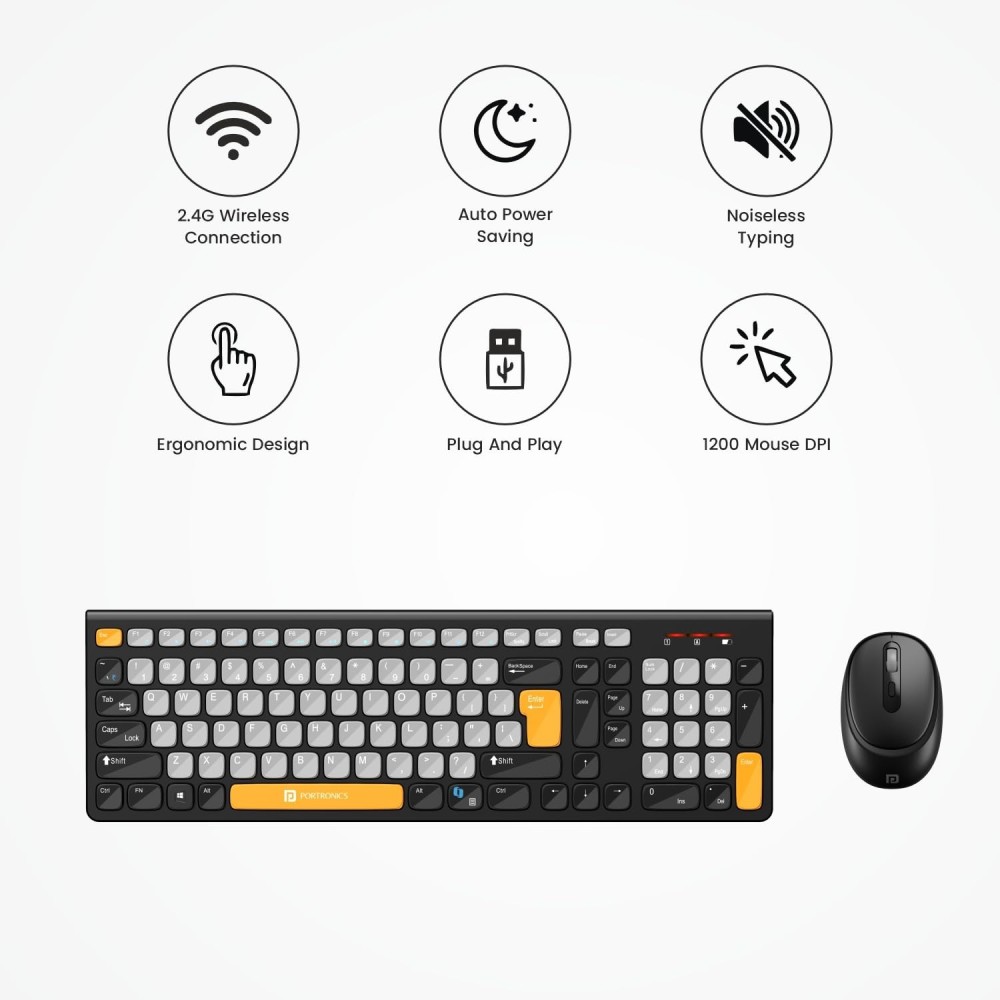 Portronics Key7 Combo Wireless Keyboard & Mouse with Copilot AI, 2.4GHz USB Receiver, 12 Shortcut Keys, 1600 DPI - (Grey & Orange)