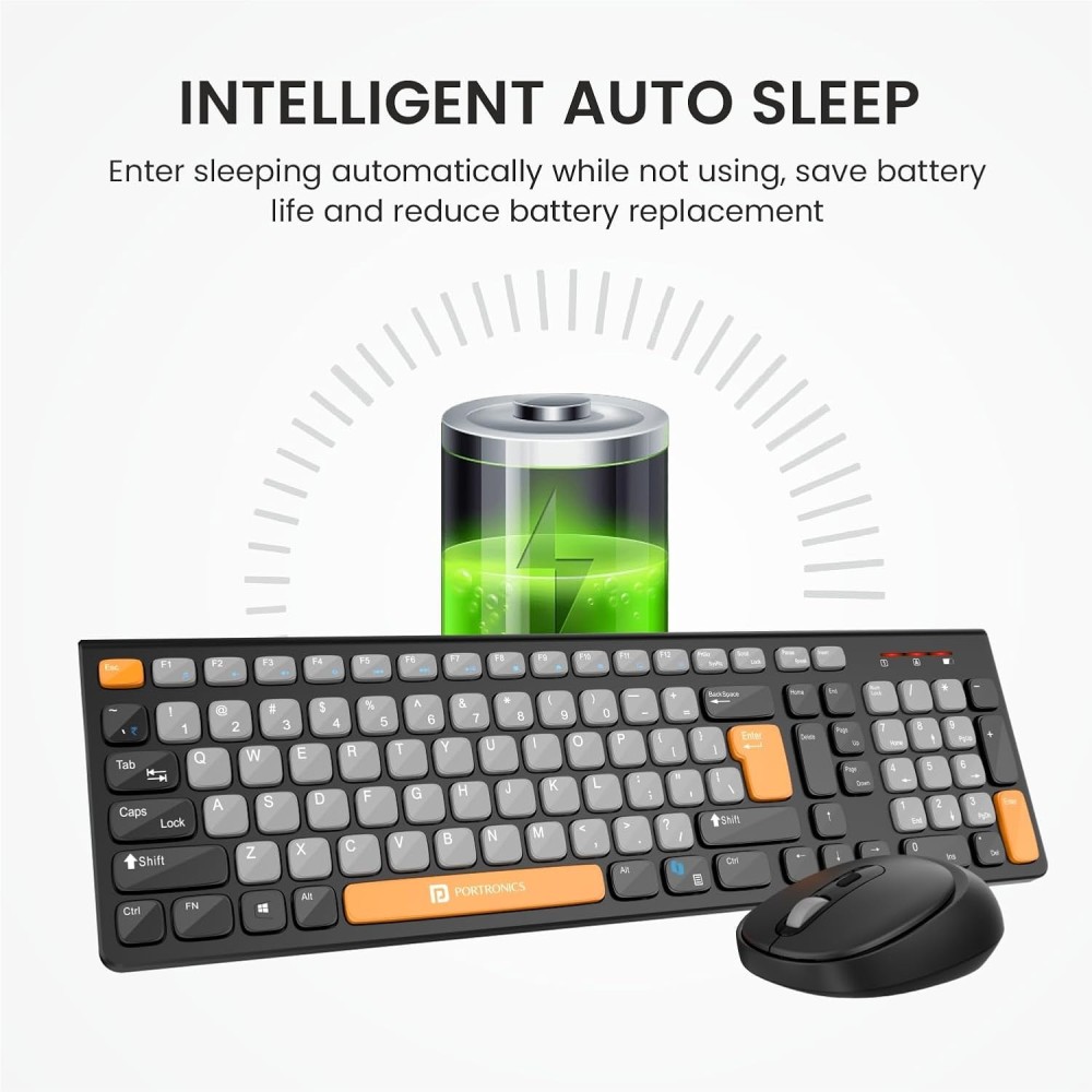 Portronics Key7 Combo Wireless Keyboard & Mouse with Copilot AI, 2.4GHz USB Receiver, 12 Shortcut Keys, 1600 DPI - (Grey & Orange)