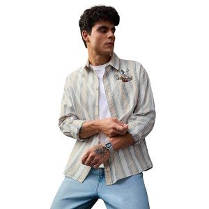 The Souled Store Disney: Angry Donald Men and Boys Long Sleeve Collared Off-White Blue and Mustard Striped Embroidered Lightweight Easy to Style Everyday Office Wear Cotton Linen Relaxed Shir