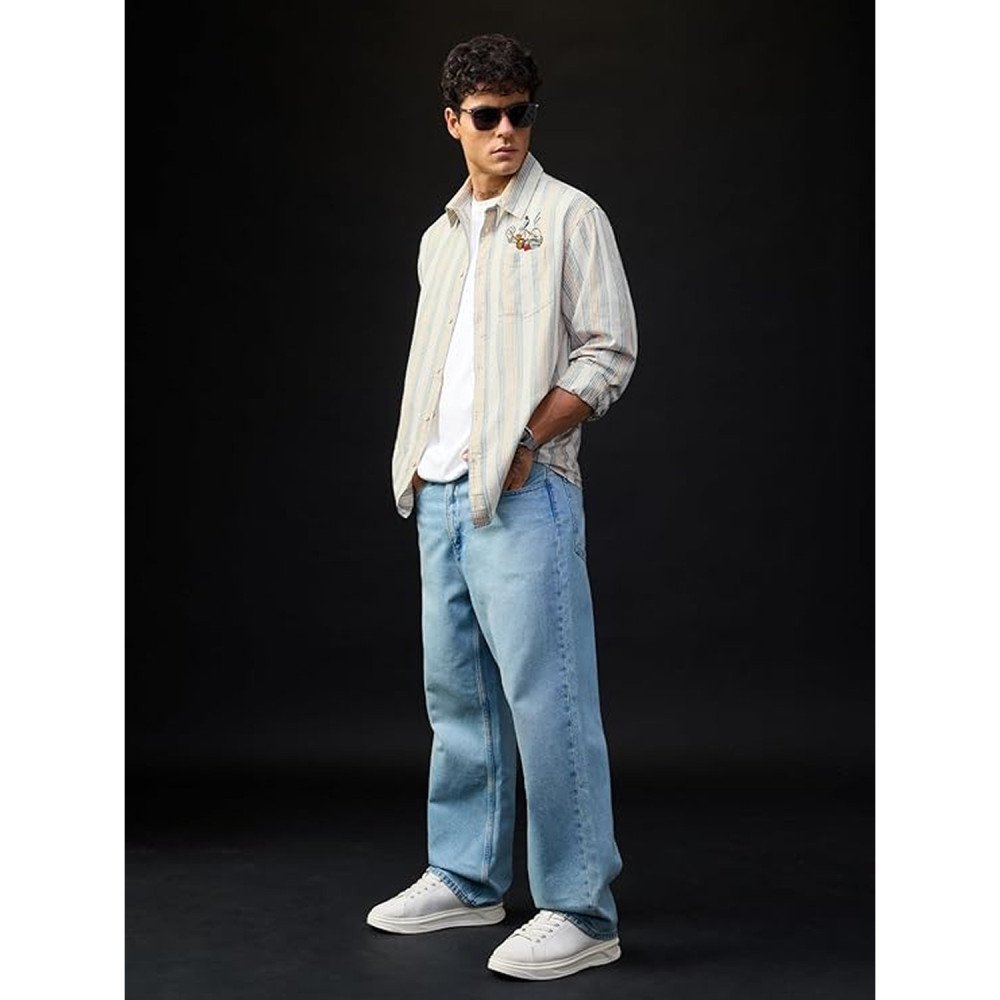 The Souled Store Disney: Angry Donald Men and Boys Long Sleeve Collared Off-White Blue and Mustard Striped Embroidered Lightweight Easy to Style Everyday Office Wear Cotton Linen Relaxed Shir