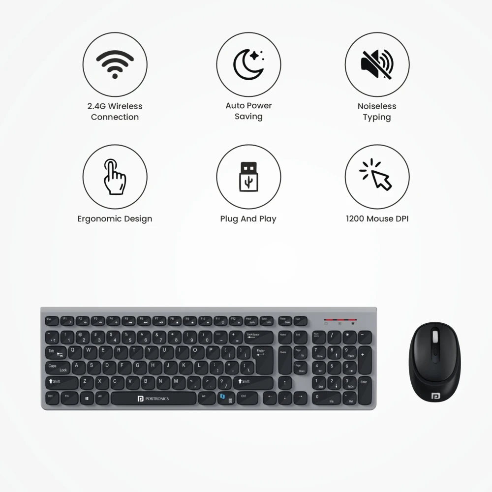 Portronics Key7 Combo Wireless Keyboard & Mouse with Copilot AI, 2.4GHz USB Receiver, 12 Shortcut Keys, 1600 DPI - (Grey & Black)
