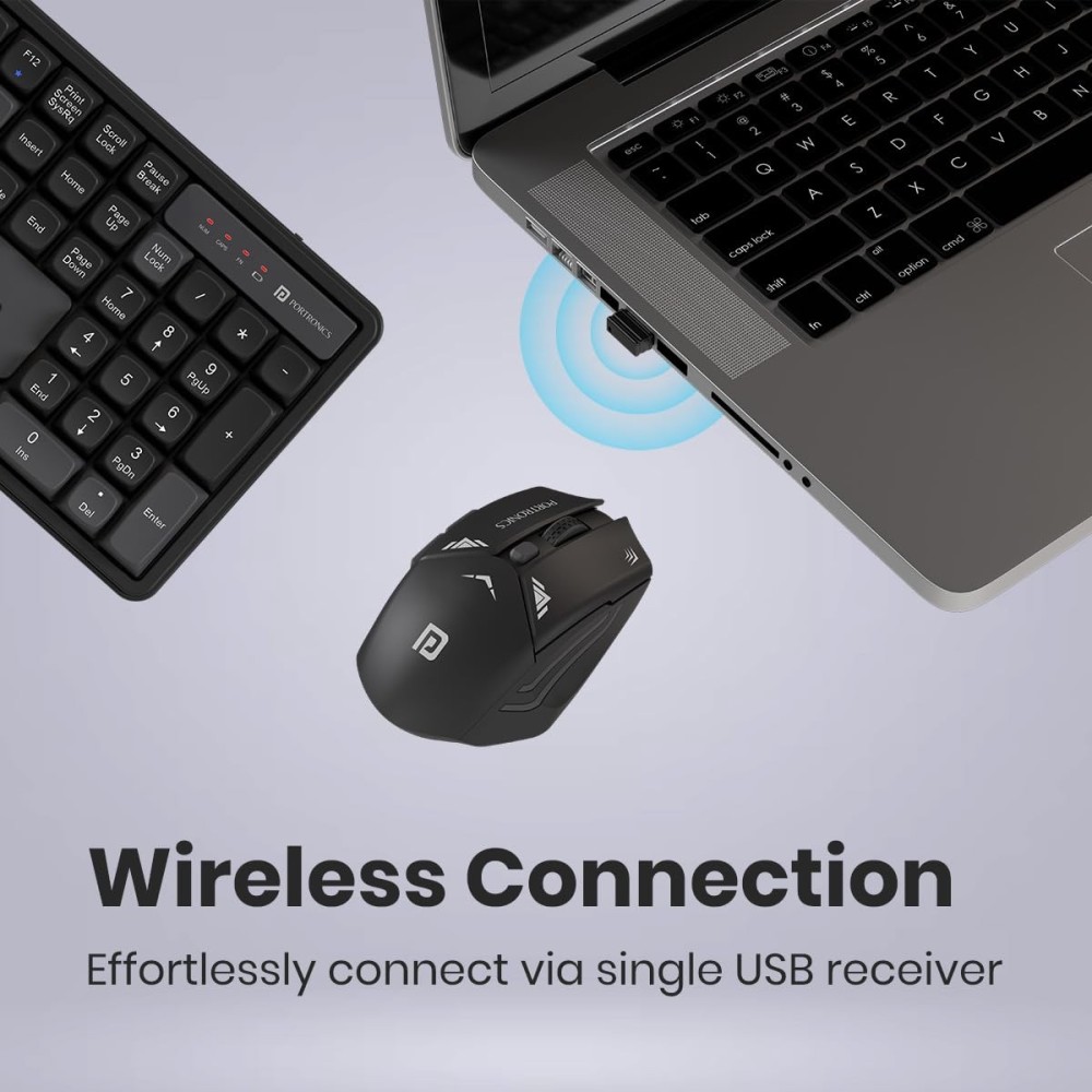 Portronics Key9 Combo Wireless Keyboard & Mouse Set with Ergonomic Mouse, Multimedia Hotkeys, Adjustable DPI, USB Receiver for PC & Laptop - (Black)