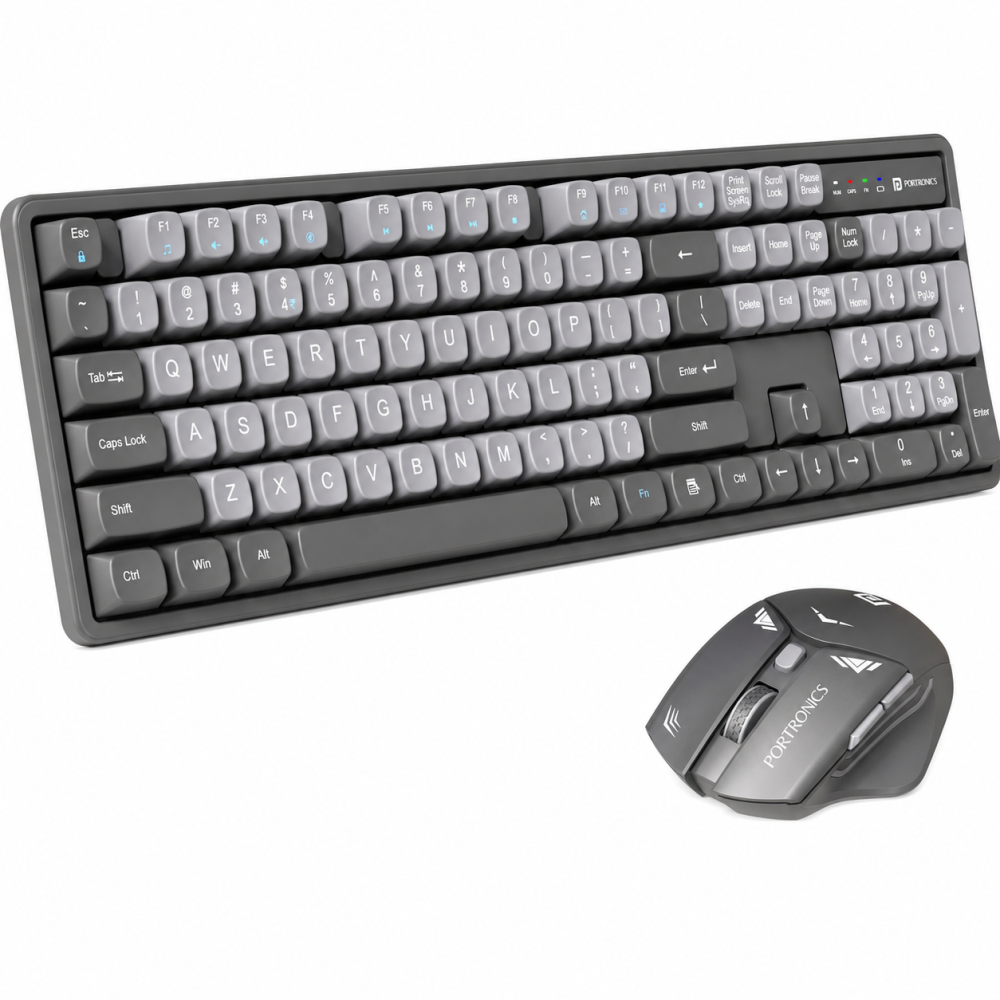 Portronics Key9 Combo Wireless Keyboard & Ergonomic Mouse Set with USB Receiver, Adjustable DPI, Multimedia Hotkeys for PC & Laptop -(Grey)