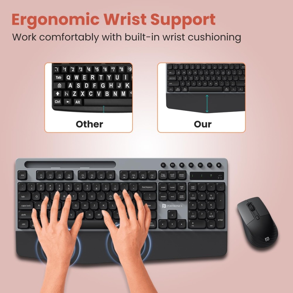 Portronics Key10 Combo Wireless Keyboard & Mouse with Wrist Rest, AI Assistance, USB Receiver, Adjustable DPI for PC & Laptop - (Grey)