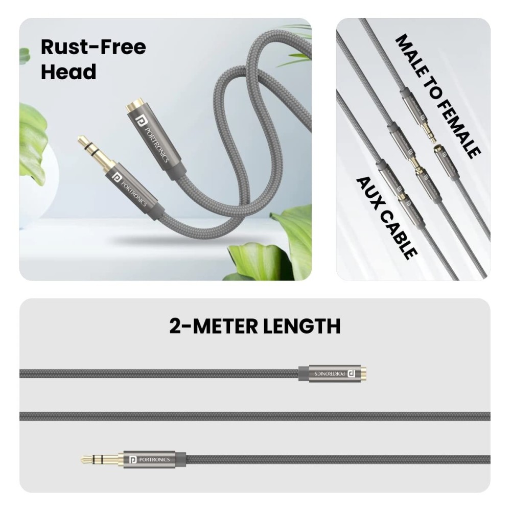 Portronics Konnect AUX 8 Male to Female AUX Extension Cable (2 Meter)