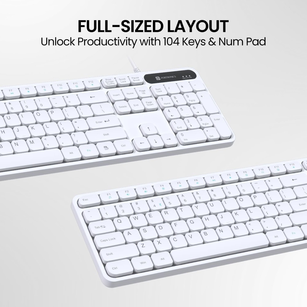Portronics Ki-Pad 3 USB Wired Keyboard with Full-Size Keyboard with Large Keycaps, Multimedia Hotkeys & Numeric Keypad for Laptop, PC & Mac - (White)