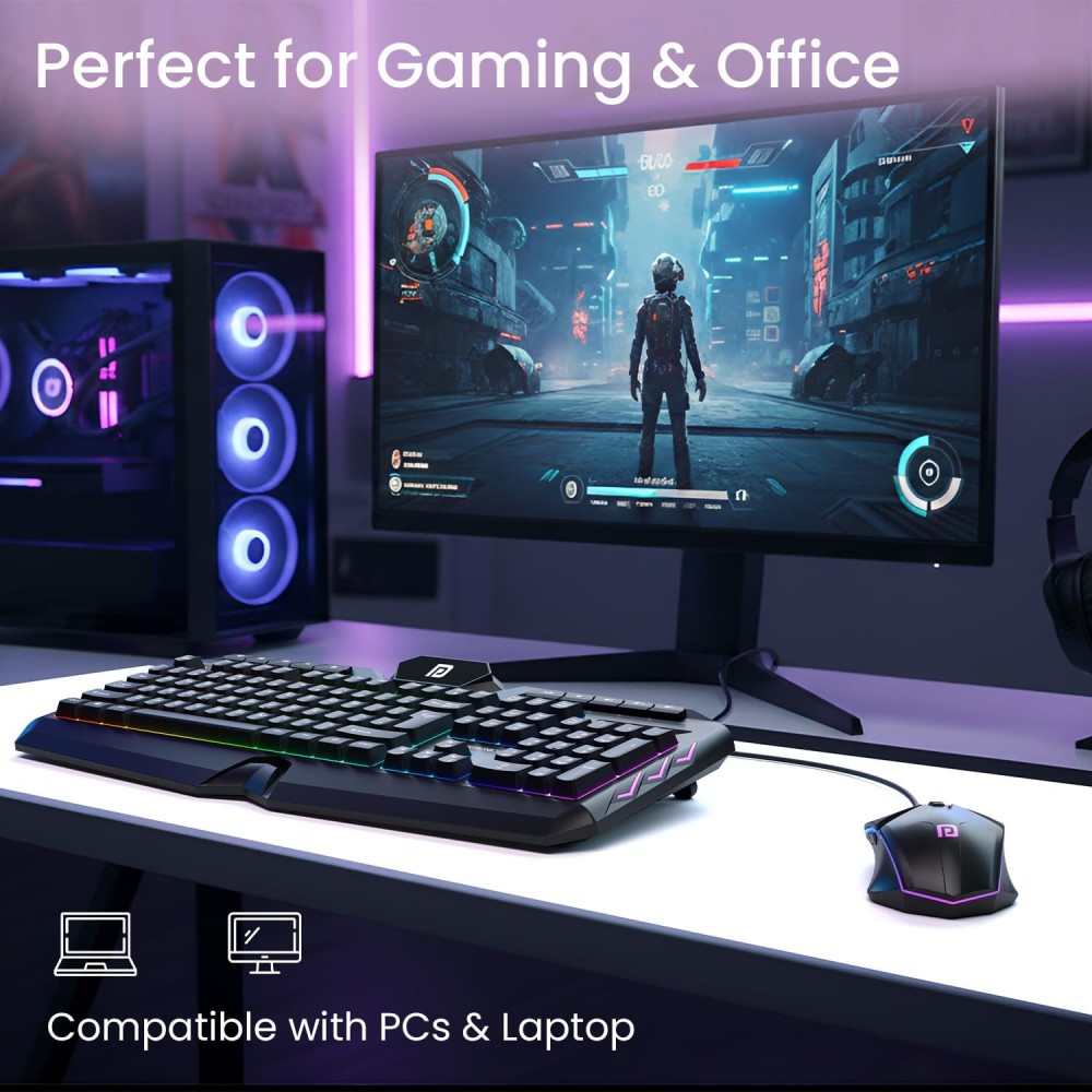 Portronics Ki-Pad 5 Wired Gaming Keyboard & Mouse Combo with RGB Backlight, 7-Button Mouse, 19 Anti-Ghosting Keys for PC & Laptop - (Black)