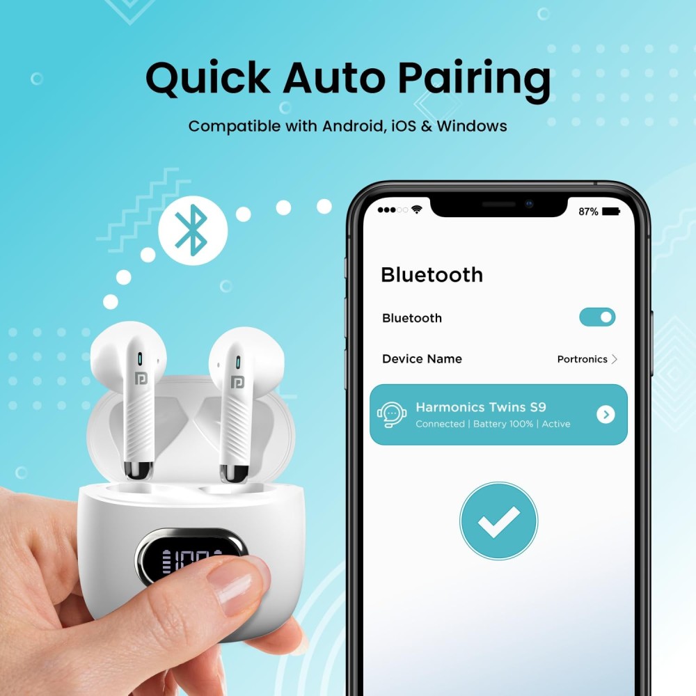 Portronics Harmonics Twins S9 True Wireless in Ear Earbuds with Upto 30H Playtime, Digital Display, 13mm Drivers, Balanced Bass, BT 5.3v, Touch Control, IPX4 Splash Resistant, Rapid Charging(White)
