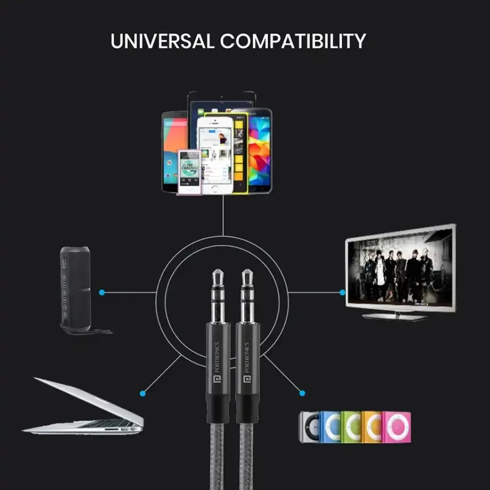Portronics Aux 5 Stereo Audio Aux Cable 1.5m 3.5mm Metal Head Connectors, Nylon Braided with Universal Compatibility - Grey