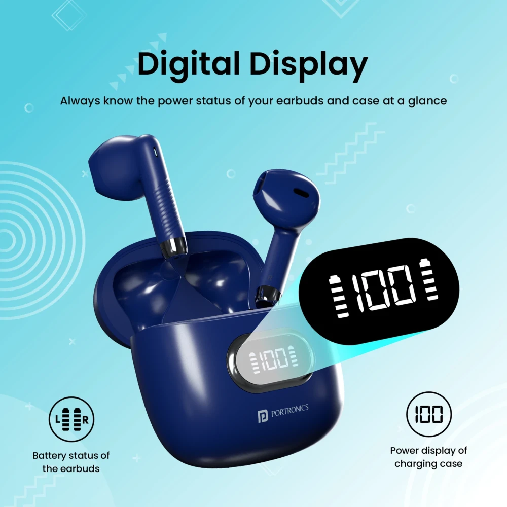 Portronics Harmonics Twins S9 True Wireless in Ear Earbuds with Upto 30H Playtime, Digital Display, 13mm Drivers, Balanced Bass, BT 5.3v, Touch Control, IPX4 Splash Resistant, Rapid Charging(Blue)