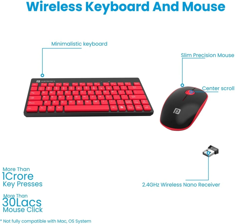Portronics Key2 Combo Wireless Keyboard & Mouse Set with 2.4GHz USB Receiver, Silent Keys, 1200 DPI Optical Mouse, Multimedia Keys for PC & Laptop - (Black)