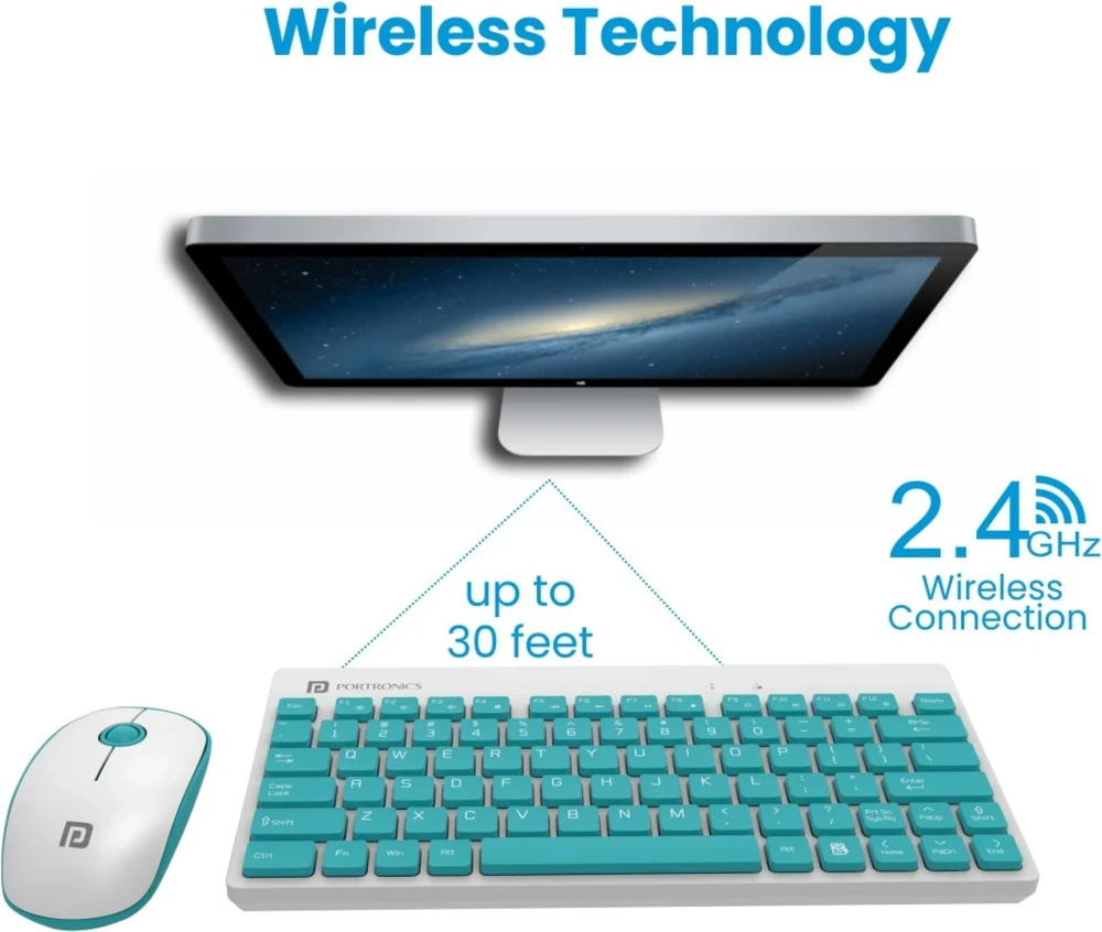 Portronics Key2 Combo Wireless Keyboard & Mouse Set with 2.4GHz USB Receiver, Silent Keys, 1200 DPI Optical Mouse, Multimedia Keys for PC & Laptop - (White & Green)