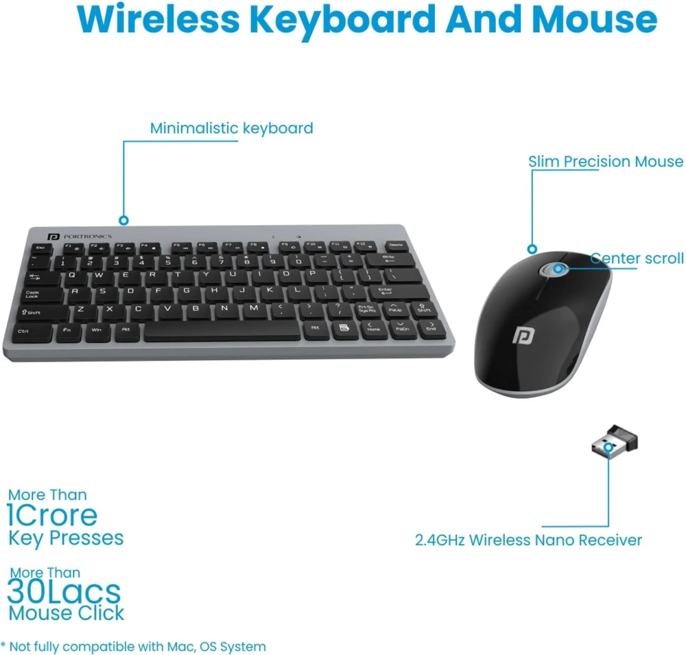 Portronics Key2 Combo Wireless Keyboard & Mouse Set with 2.4GHz USB Receiver, Silent Keys, 1200 DPI Optical Mouse, Multimedia Keys for PC & Laptop - (Grey)