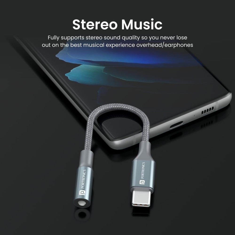 Portronics iKonnect C Type-C to 3.5mm Audio Jack Splitter Connector with Hi-Res DAC (Black)
