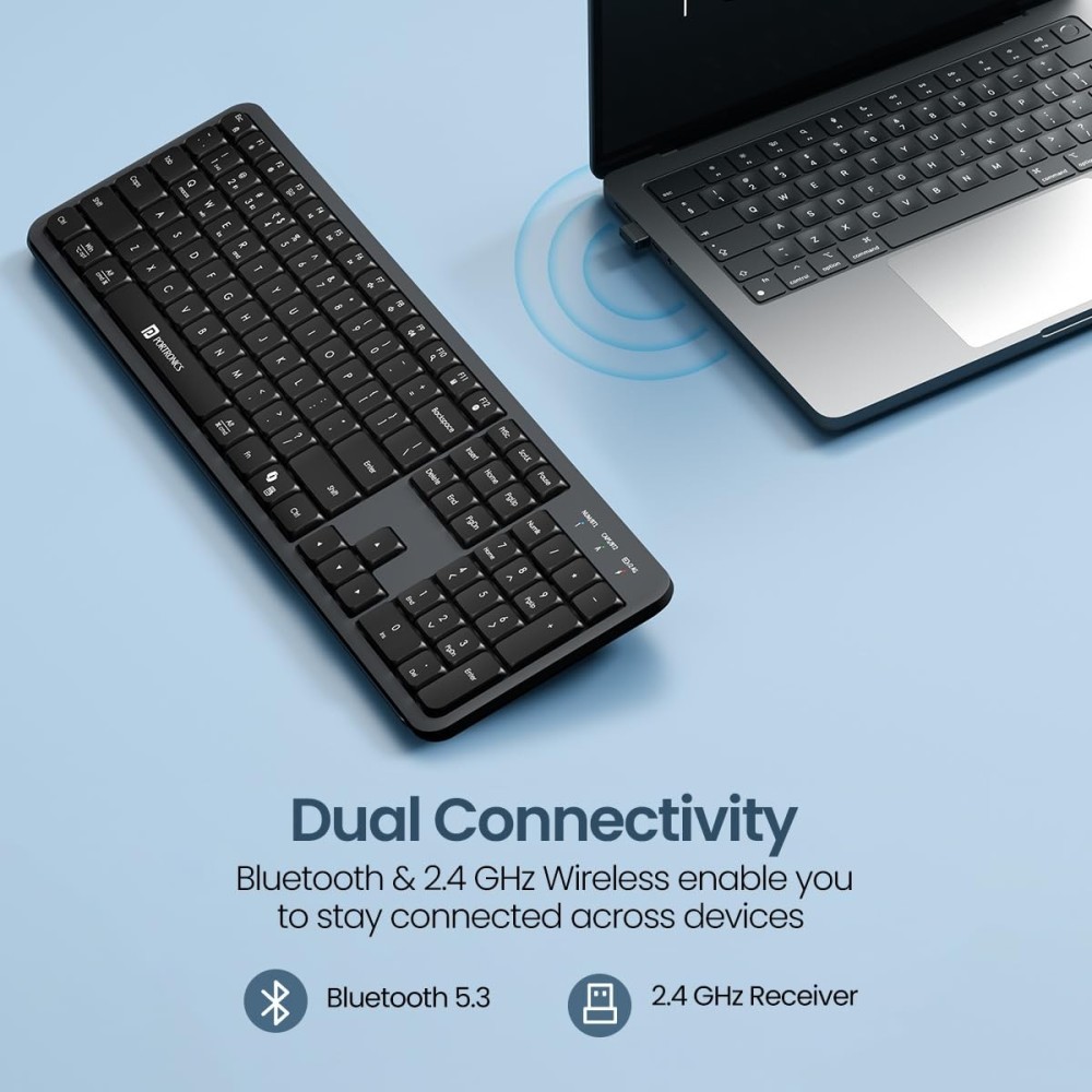 Portronics Akshr Prime Wireless Keyboard | Bluetooth + 2.4GHz Rechargeable Keyboard with Numpad, Multimedia Hotkeys for Laptop, PC, Smartphone & Tablet - (Black)