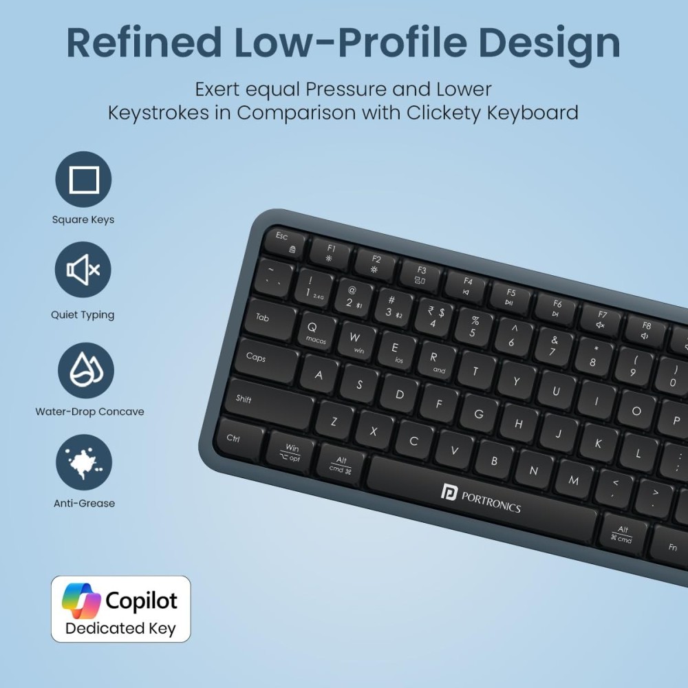Portronics Akshr Prime Wireless Keyboard | Bluetooth + 2.4GHz Rechargeable Keyboard with Numpad, Multimedia Hotkeys for Laptop, PC, Smartphone & Tablet - (Black)