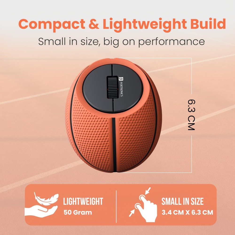 Portronics ToadPlay Basketball Mini Wireless Bluetooth Mouse with Dual Mode (BT + 2.4GHz), Rechargeable, Silent Click, Multi-Device, Adjustable DPI - (Brown)