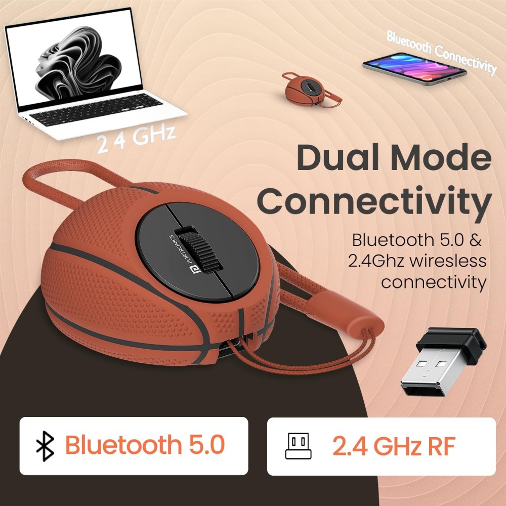 Portronics ToadPlay Basketball Mini Wireless Bluetooth Mouse with Dual Mode (BT + 2.4GHz), Rechargeable, Silent Click, Multi-Device, Adjustable DPI - (Brown)