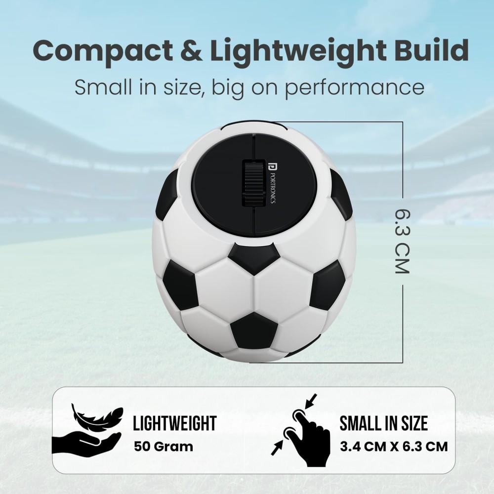 Portronics ToadPlay Football Mini Wireless Bluetooth Mouse with Dual Mode (BT + 2.4GHz), Rechargeable, Silent Click, Adjustable DPI - (White)