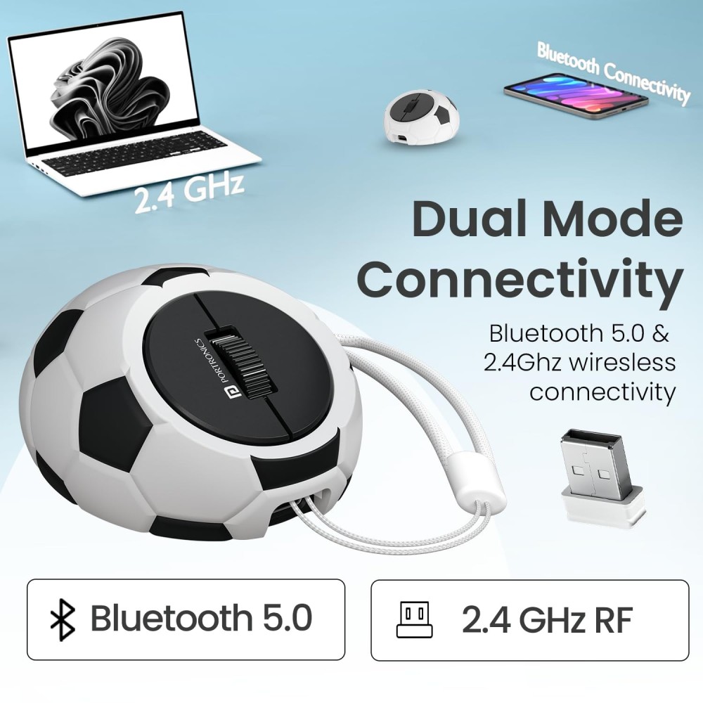 Portronics ToadPlay Football Mini Wireless Bluetooth Mouse with Dual Mode (BT + 2.4GHz), Rechargeable, Silent Click, Adjustable DPI - (White)