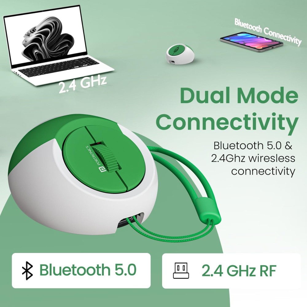 Portronics ToadPlay Billiard Mini Wireless Bluetooth Mouse with Dual BT + 2.4GHz, Rechargeable & Silent Clicks - (Green)