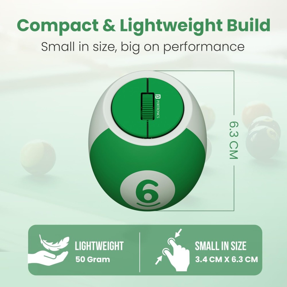 Portronics ToadPlay Billiard Mini Wireless Bluetooth Mouse with Dual BT + 2.4GHz, Rechargeable & Silent Clicks - (Green)