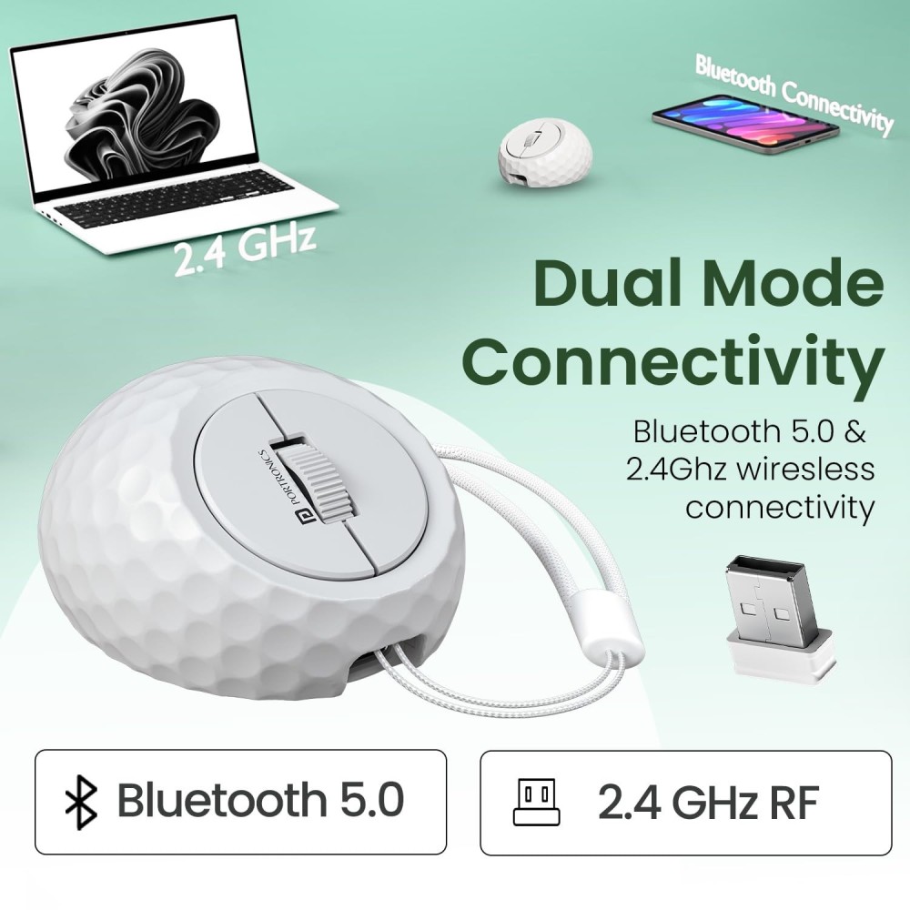 Portronics ToadPlay Golf Mini Wireless Bluetooth Mouse with Dual BT + 2.4GHz, Rechargeable, Silent Clicks, Adjustable DPI - (White)
