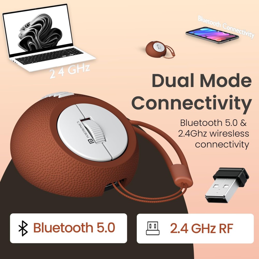 Portronics ToadPlay Rugby Mini Wireless Bluetooth Mouse with Dual BT + 2.4GHz, Rechargeable, Silent Clicks - (Brown)