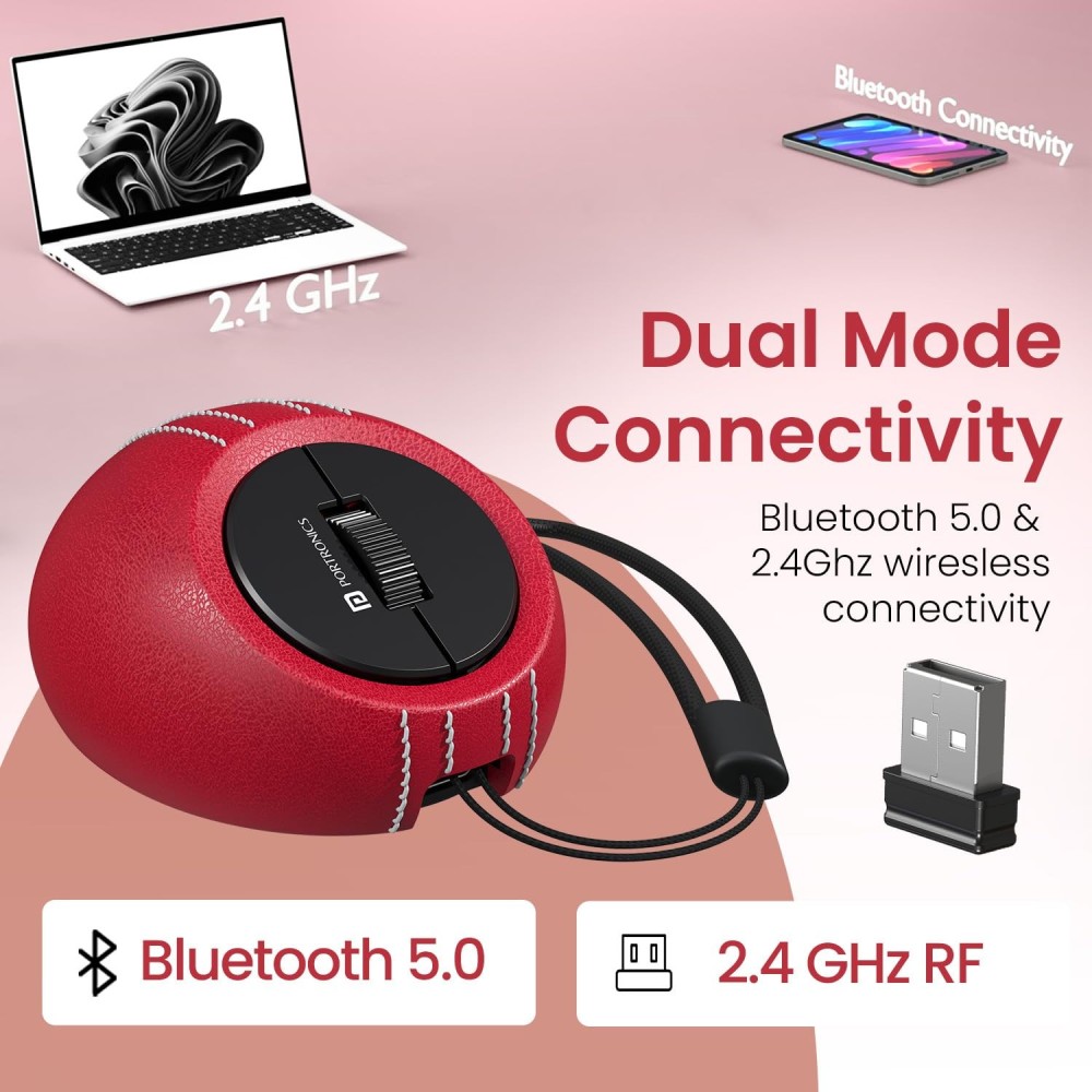 Portronics ToadPlay Cricket Mini Wireless Bluetooth Mouse with Dual BT + 2.4GHz, Rechargeable & Silent Clicks - (Red)