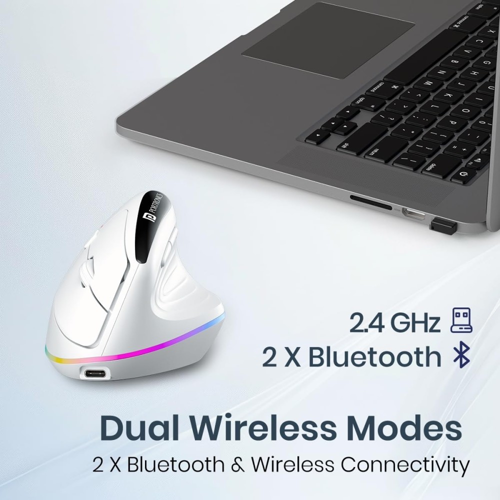 Portronics Toad Ergo 3 Ergonomic Wireless Mouse with RGB, Dual Mode Bluetooth & 2.4GHz, 2400 DPI, Rechargeable, Silent Clicks, 6 Buttons - (White)