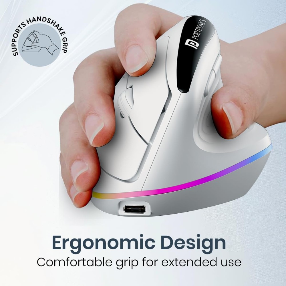 Portronics Toad Ergo 3 Ergonomic Wireless Mouse with RGB, Dual Mode Bluetooth & 2.4GHz, 2400 DPI, Rechargeable, Silent Clicks, 6 Buttons - (White)