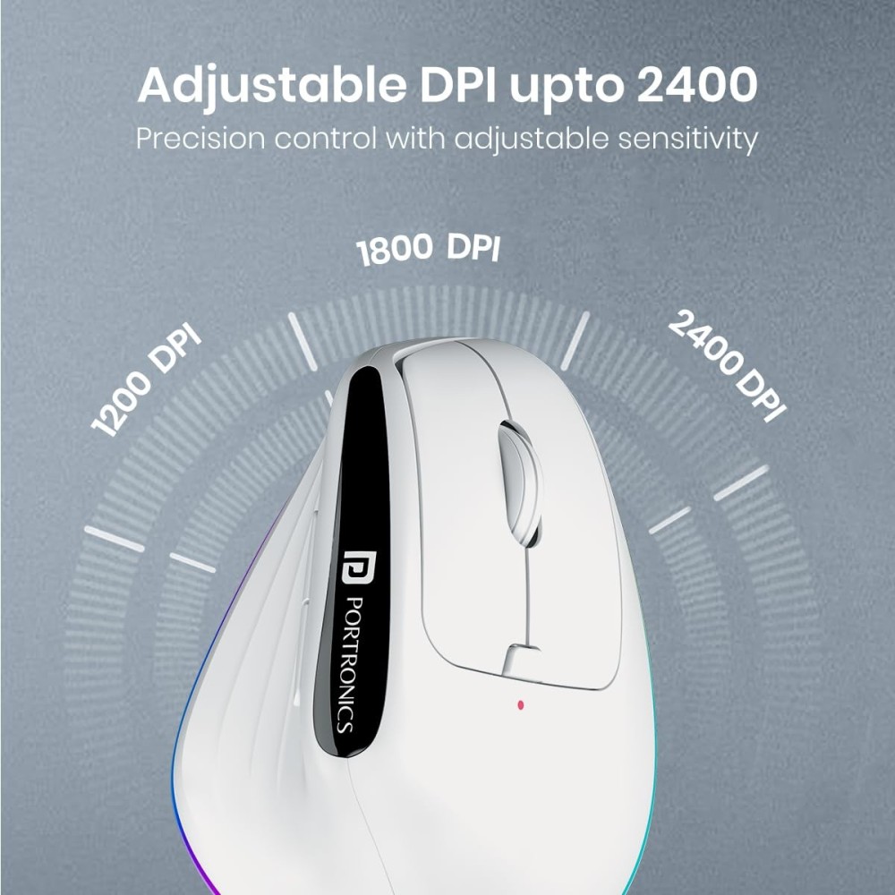 Portronics Toad Ergo 3 Ergonomic Wireless Mouse with RGB, Dual Mode Bluetooth & 2.4GHz, 2400 DPI, Rechargeable, Silent Clicks, 6 Buttons - (White)