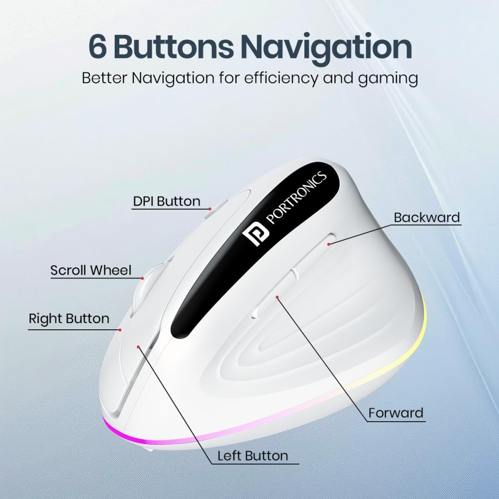 Portronics Toad Ergo 3 Ergonomic Wireless Mouse with RGB, Dual Mode Bluetooth & 2.4GHz, 2400 DPI, Rechargeable, Silent Clicks, 6 Buttons - (White)