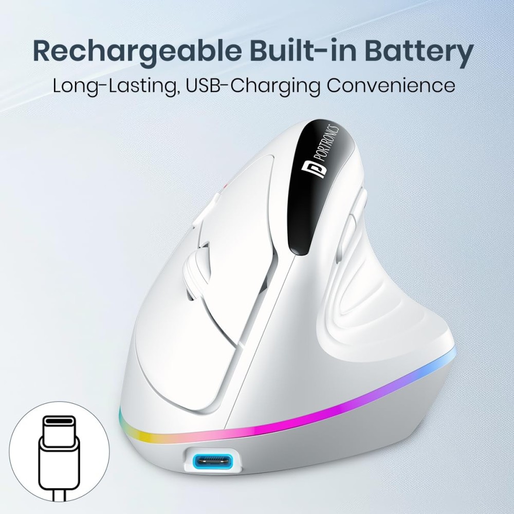 Portronics Toad Ergo 3 Ergonomic Wireless Mouse with RGB, Dual Mode Bluetooth & 2.4GHz, 2400 DPI, Rechargeable, Silent Clicks, 6 Buttons - (White)