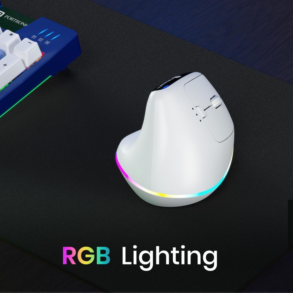 Portronics Toad Ergo 3 Ergonomic Wireless Mouse with RGB, Dual Mode Bluetooth & 2.4GHz, 2400 DPI, Rechargeable, Silent Clicks, 6 Buttons - (White)
