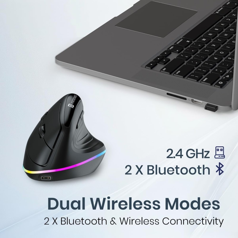 Portronics Toad Ergo 3 Ergonomic Wireless Mouse with RGB, 2400 DPI, Dual Mode Bluetooth & 2.4GHz, Rechargeable, Silent Clicks, 6 Buttons - (Black)