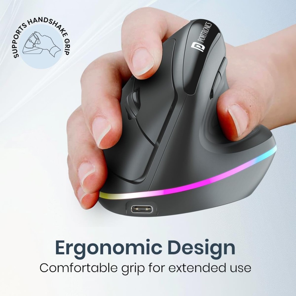 Portronics Toad Ergo 3 Ergonomic Wireless Mouse with RGB, 2400 DPI, Dual Mode Bluetooth & 2.4GHz, Rechargeable, Silent Clicks, 6 Buttons - (Black)
