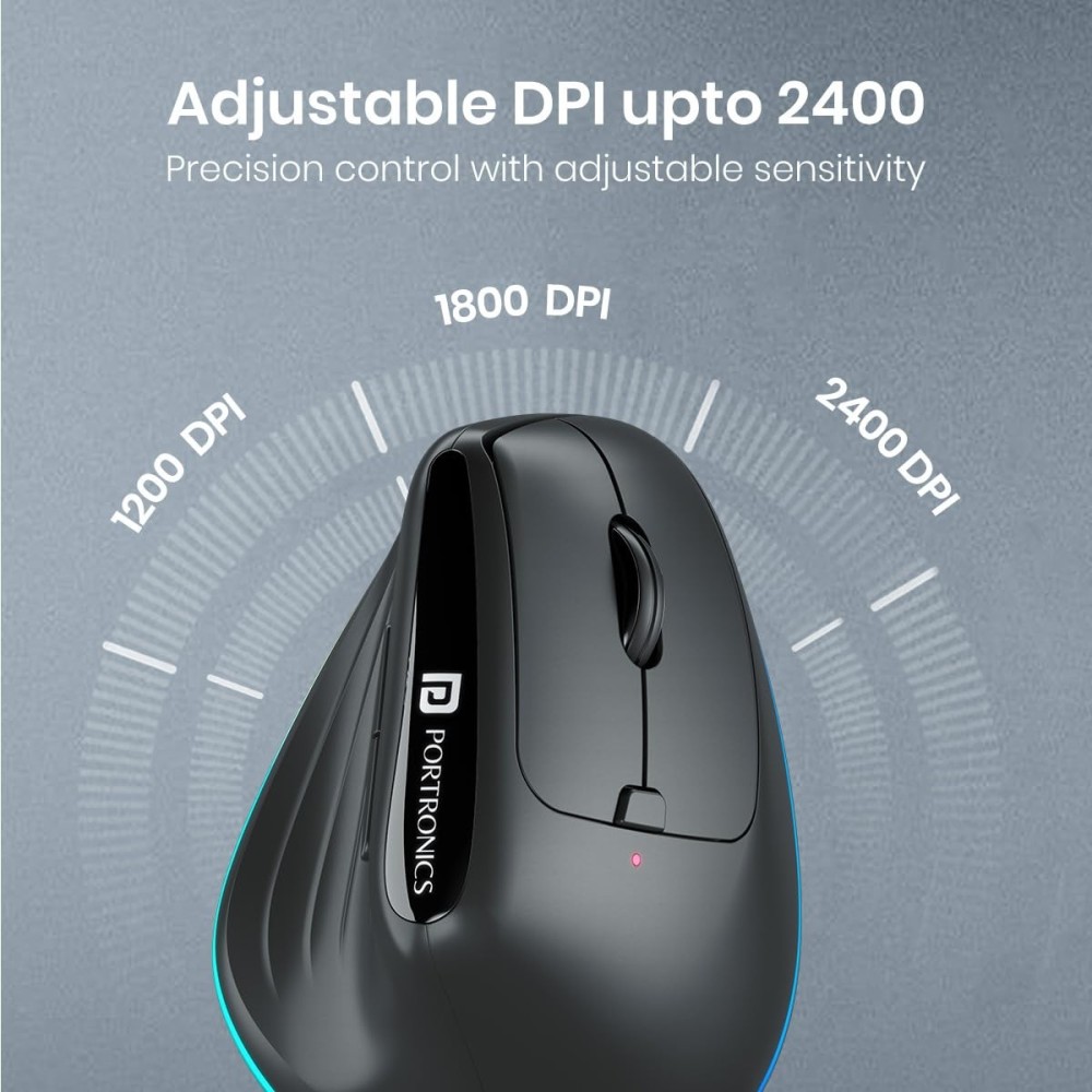 Portronics Toad Ergo 3 Ergonomic Wireless Mouse with RGB, 2400 DPI, Dual Mode Bluetooth & 2.4GHz, Rechargeable, Silent Clicks, 6 Buttons - (Black)