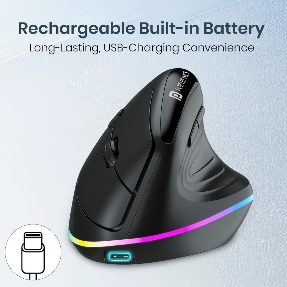 Portronics Toad Ergo 3 Ergonomic Wireless Mouse with RGB, 2400 DPI, Dual Mode Bluetooth & 2.4GHz, Rechargeable, Silent Clicks, 6 Buttons - (Black)