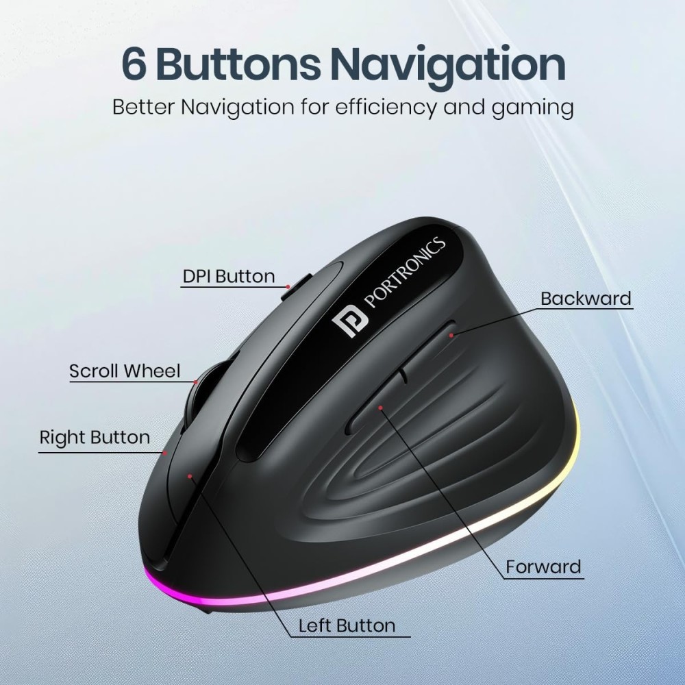 Portronics Toad Ergo 3 Ergonomic Wireless Mouse with RGB, 2400 DPI, Dual Mode Bluetooth & 2.4GHz, Rechargeable, Silent Clicks, 6 Buttons - (Black)