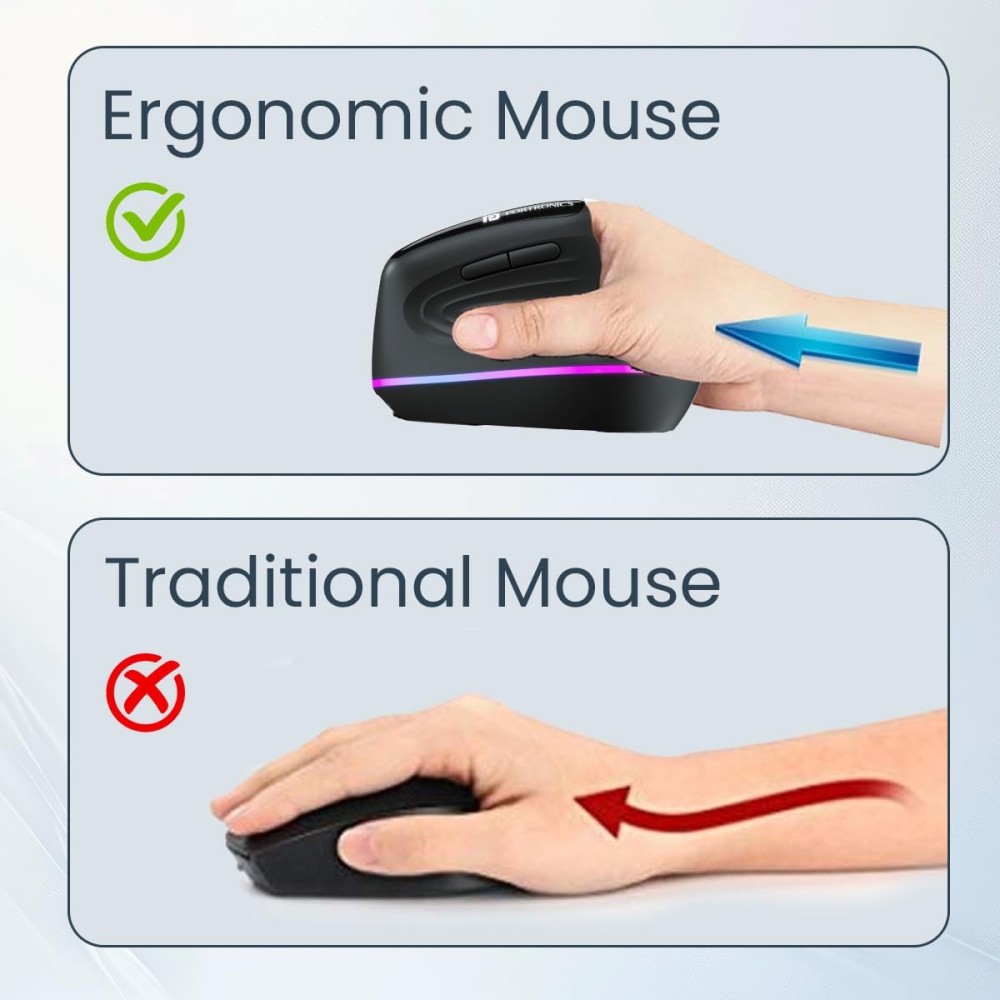Portronics Toad Ergo 3 Ergonomic Wireless Mouse with RGB, 2400 DPI, Dual Mode Bluetooth & 2.4GHz, Rechargeable, Silent Clicks, 6 Buttons - (Black)