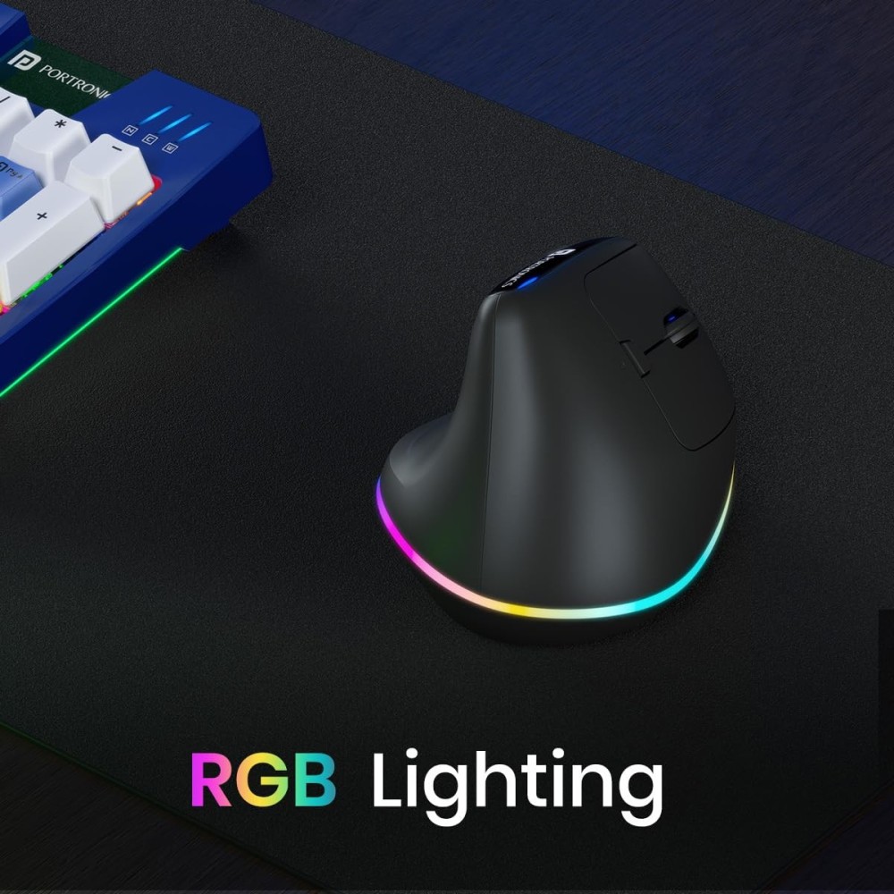 Portronics Toad Ergo 3 Ergonomic Wireless Mouse with RGB, 2400 DPI, Dual Mode Bluetooth & 2.4GHz, Rechargeable, Silent Clicks, 6 Buttons - (Black)