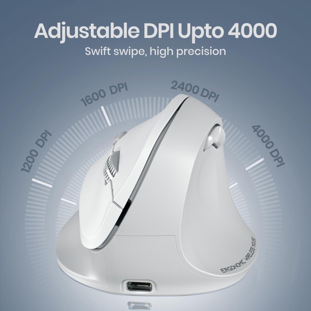 Portronics Toad Ergo 4 Vertical Wireless Bluetooth Mouse with Dual Mode 2.4GHz + Bluetooth, 4000 DPI, Rechargeable Ergonomic Mouse - (White)