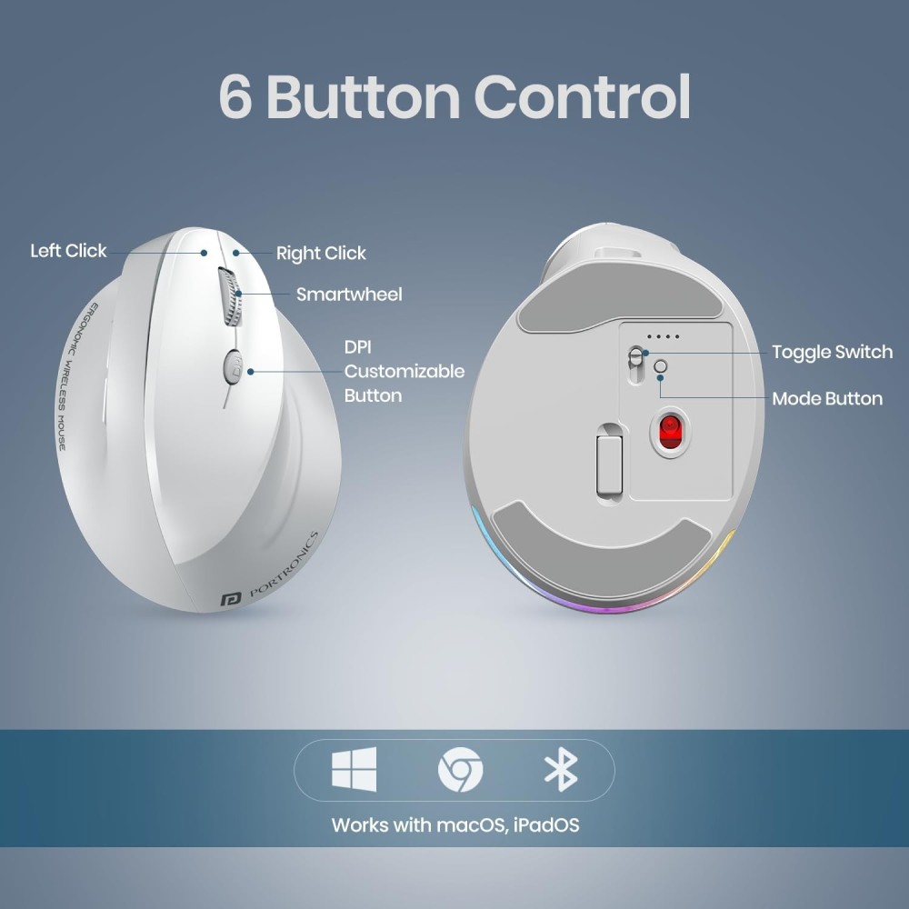 Portronics Toad Ergo 4 Vertical Wireless Bluetooth Mouse with Dual Mode 2.4GHz + Bluetooth, 4000 DPI, Rechargeable Ergonomic Mouse - (White)