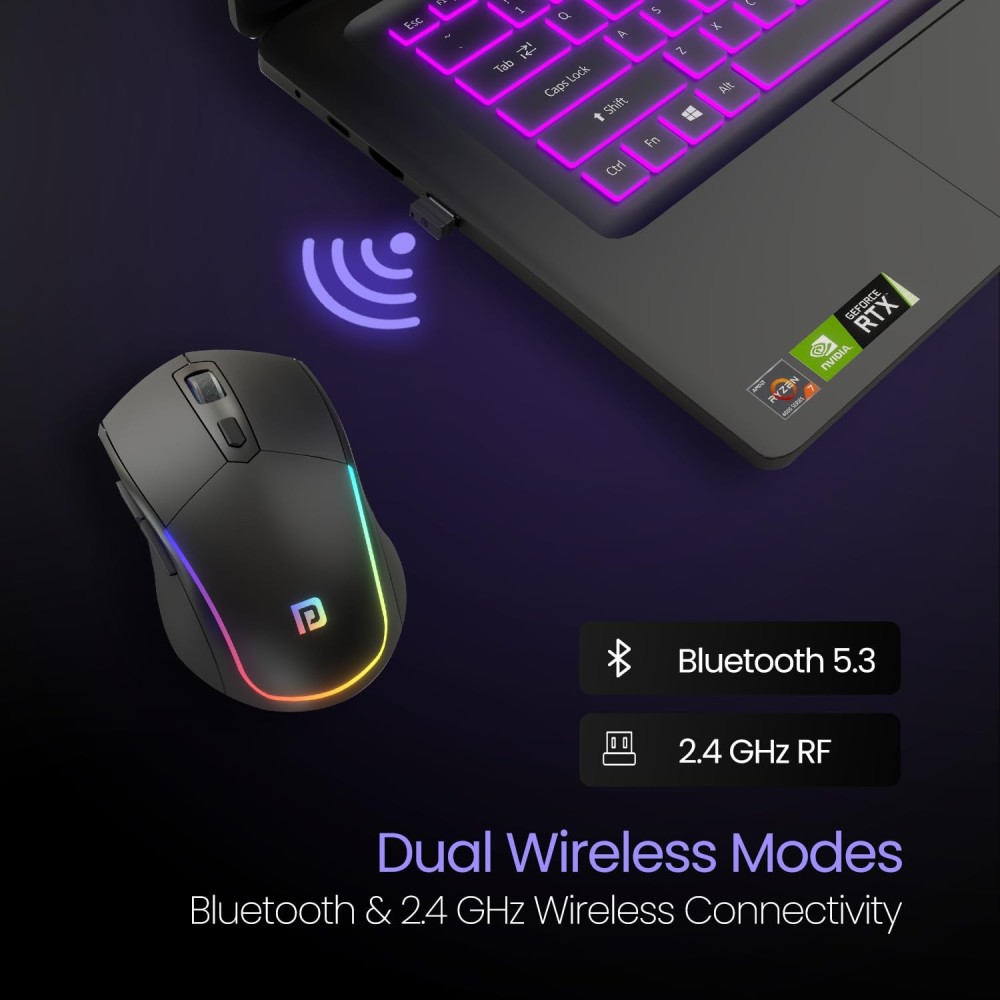 Portronics Toad One Bluetooth & 2.4GHz Dual Wireless Mouse, Rechargeable RGB Ergonomic Mouse, 6 Buttons, Multi-Device (3 Devices) - (Black)