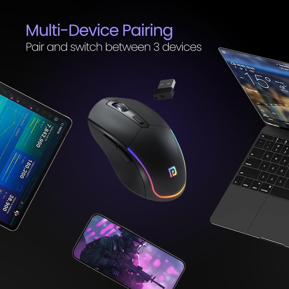 Portronics Toad One Bluetooth & 2.4GHz Dual Wireless Mouse, Rechargeable RGB Ergonomic Mouse, 6 Buttons, Multi-Device (3 Devices) - (Black)