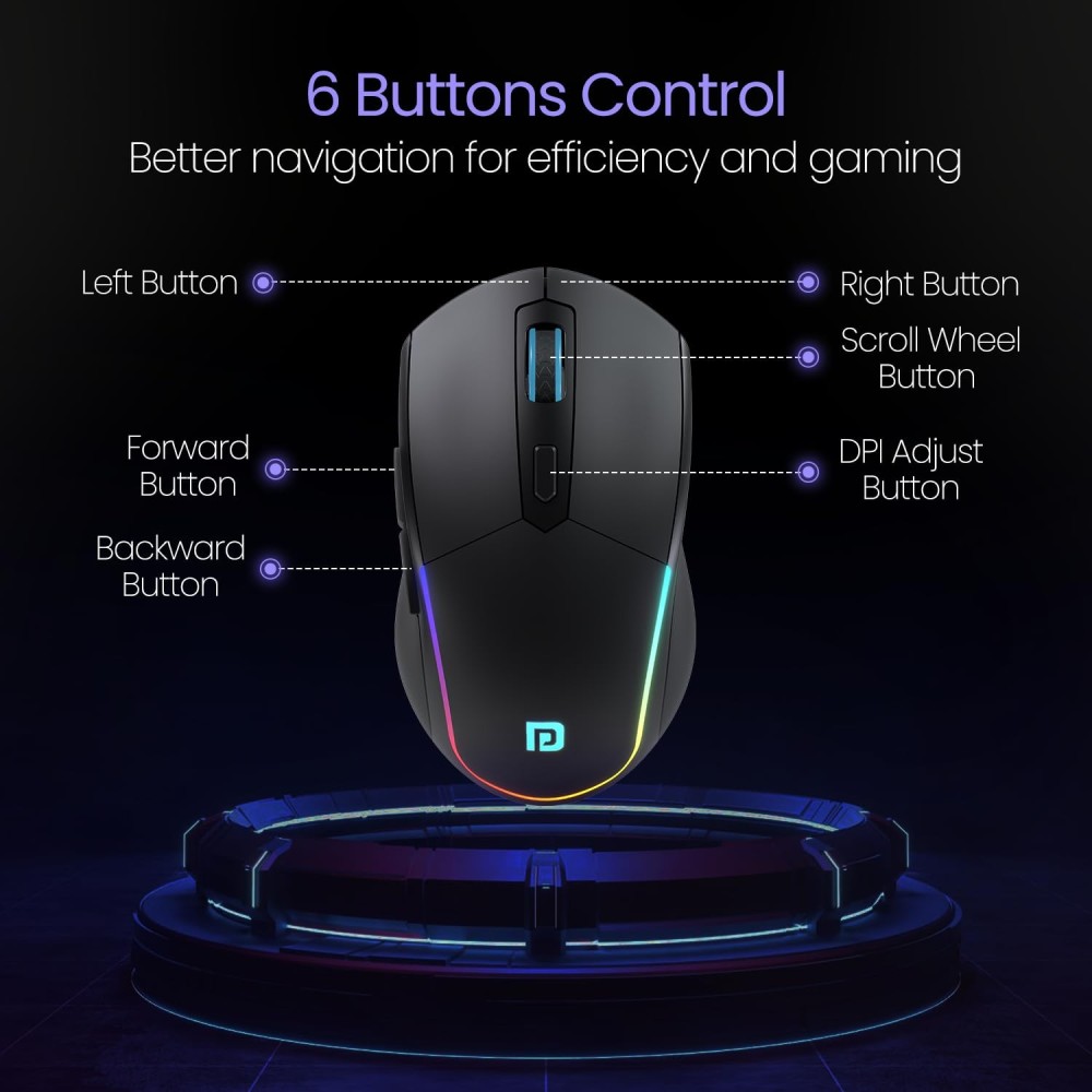 Portronics Toad One Bluetooth & 2.4GHz Dual Wireless Mouse, Rechargeable RGB Ergonomic Mouse, 6 Buttons, Multi-Device (3 Devices) - (Black)
