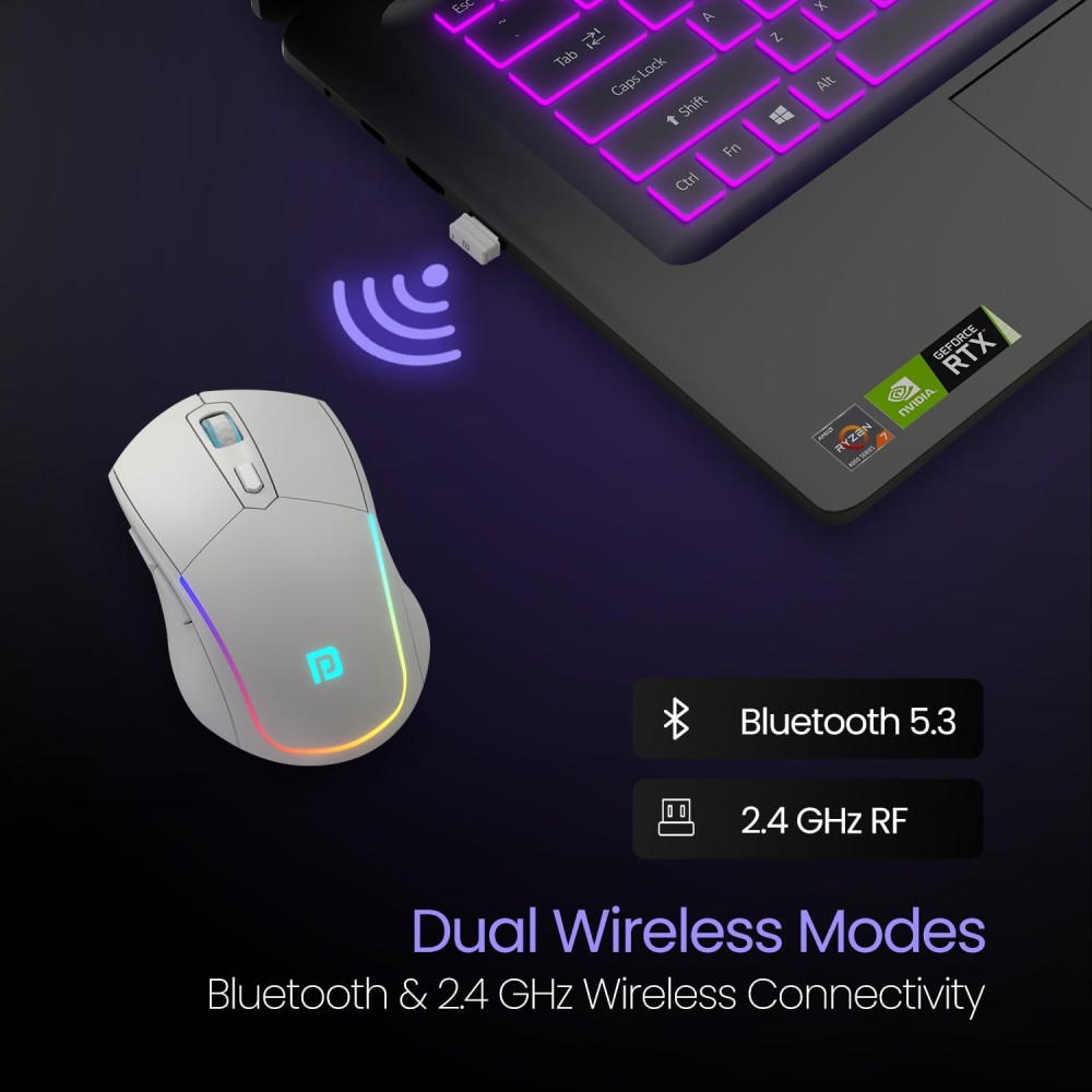 Portronics Toad One Bluetooth & 2.4GHz Dual Wireless Mouse, Rechargeable RGB Ergonomic Mouse, 6 Buttons, Multi-Device (3 Devices) - (White)